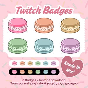 Könnte beinhalten: Ein digitales Grafikdesign mit sechs farbenfrohen Twitch-Badges im Macaron-Stil in Rosa, Orange, Beige, Grün, Blau und Lila. Der Text "Twitch Badges" steht oben, mit "Ready To Use!" in Herzform. Enthält den Text "6 Badges - Instant Download".