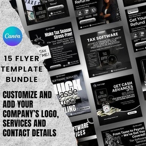 Op de afbeelding: Een bundel van 15 zwart-witte flyer-sjablonen voor belastingzoftwareservices. De flyers hebben verschillende ontwerpen met tekst zoals "Maak de belastingtijd stressvrij!" en "Ontvang contante voorschotten tot € 7.000".