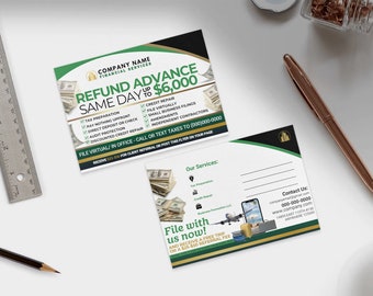 May include: Green and black postcard with a stack of money and a plane on it. The text on the postcard reads "Refund Advance Same Day Up to $6,000".