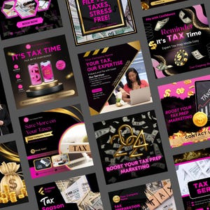 May include: A collection of social media graphics for tax preparation services. The graphics feature gold coins, dollar bills, and the words "Tax Time", "Boost Your Tax Prep Marketing", and "File with Confidence".