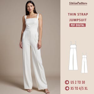 Könnte beinhalten: Ein weißes Nähmuster für einen Jumpsuit mit dünnen Trägern. Das Muster enthält Anweisungen für die Größen 34 bis 52 und XS bis 4/5 XL. Das Muster ist als digitaler PDF-Download erhältlich.