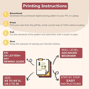 Puede incluir: Una ilustraci&oacute;n rosa y amarilla con instrucciones para imprimir, cortar y coser un patr&oacute;n de costura. La ilustraci&oacute;n incluye una m&aacute;quina de coser, tijeras y tela. El texto incluye las palabras "Descargar", "Imprimir", "Cortar", "Coser", "Nivel de habilidad", "Principiante avanzado", "Paso a paso", "Instrucciones f&aacute;ciles", "A4/US Letter+", "A0+", "Gu&iacute;a de costura", "Talla", "XS a 4/5 XL", "US 2 a 30".