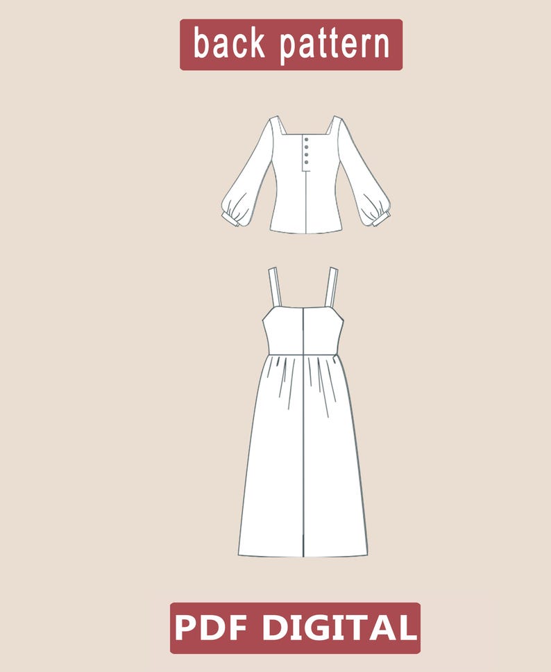 May include: Back pattern for a dress and a blouse with long sleeves. The dress has a square neckline and thin straps. The blouse has a square neckline and button closure. The text "PDF DIGITAL" is at the bottom of the image.