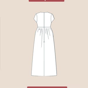 Puede incluir: Patr&oacute;n trasero para un vestido con mangas cortas y falda fruncida. El patr&oacute;n est&aacute; etiquetado como "back pattern" y "PDF DIGITAL".