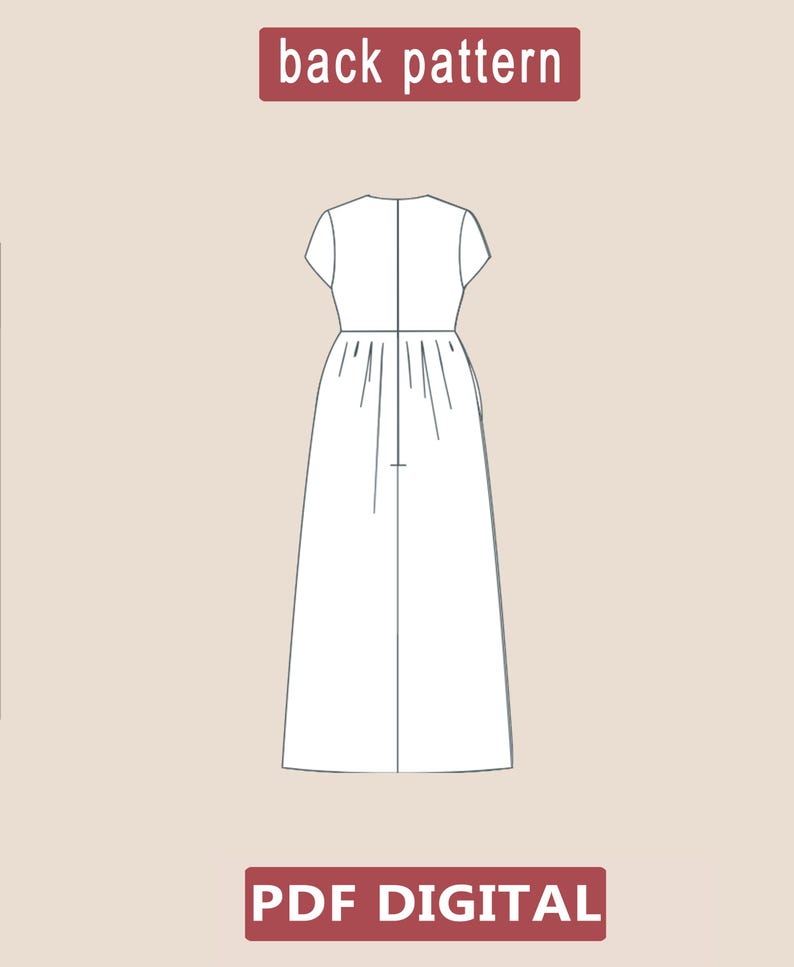 Puede incluir: Patr&oacute;n trasero para un vestido con mangas cortas y falda fruncida. El patr&oacute;n est&aacute; etiquetado como "back pattern" y "PDF DIGITAL".