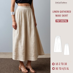 May include: A digital sewing pattern for a linen gathered maxi skirt. The pattern includes instructions for sizes US 2 to 30 and XS to 4/5 XL. The pattern is available as a PDF download.