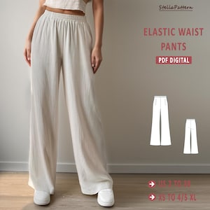 Zomerbroek met elastische taille, naaibroek pdf, naaipatroon dames, gemakkelijk te naaien broek, broek met wijde pijpen, broekpatroon, zomerbroek, A0 A4