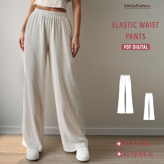 Summer Elastic waist pants, PDF Sewing Pants,, Women sewing pattern, Easy sew pants, wide leg pants, pants pattern, summer pants, A0 A4