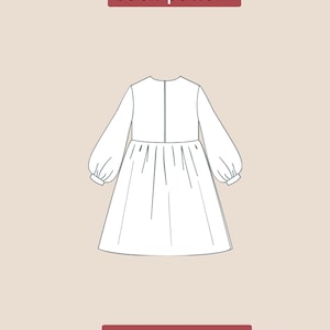 May include: A white dress pattern with long, puffy sleeves and a gathered waist, viewed from the back. The text "back pattern" is in a red rectangle at the top, and "PDF DIGITAL" is in a red rectangle at the bottom.