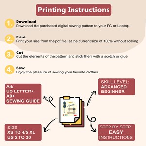 Peut inclure: Un diagramme avec des instructions pour imprimer, d&eacute;couper et coudre un patron de couture. Le diagramme comprend un guide de couture pour les tailles XS &agrave; 4/5 XL et du 34 au 48. Le niveau de difficult&eacute; est indiqu&eacute; comme d&eacute;butant avanc&eacute; et les instructions sont d&eacute;crites comme &eacute;tape par &eacute;tape et faciles.