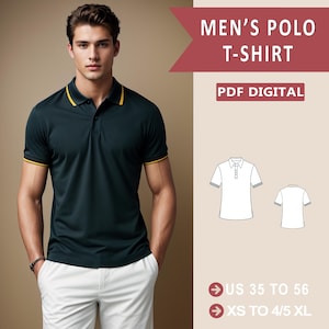 May include: A digital PDF pattern for a men's polo shirt. The pattern includes sizes US 35 to 56 and XS to 4/5 XL. The image shows a model wearing a dark green polo shirt with a yellow trim.