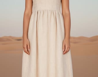 Linen Midi Dress Sewing Pattern, Gathered Sleeveless Cottagecore (Digital Download)