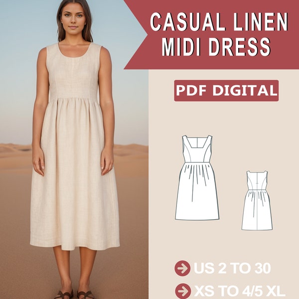 Midi Casual Linen Dress, Linen Midi Gathered Dress Sewing Pattern, Cottagecore dress, Shift Dress, Gathered Dress, Overall Dress, Boho Dress