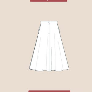 Puede incluir: Un patr&oacute;n de costura digital para una falda. Se muestra la pieza del patr&oacute;n de la espalda. El patr&oacute;n es para una falda con cintura ajustada y falda acampanada. El texto "back pattern" y "PDF DIGITAL" est&aacute; incluido en la imagen.