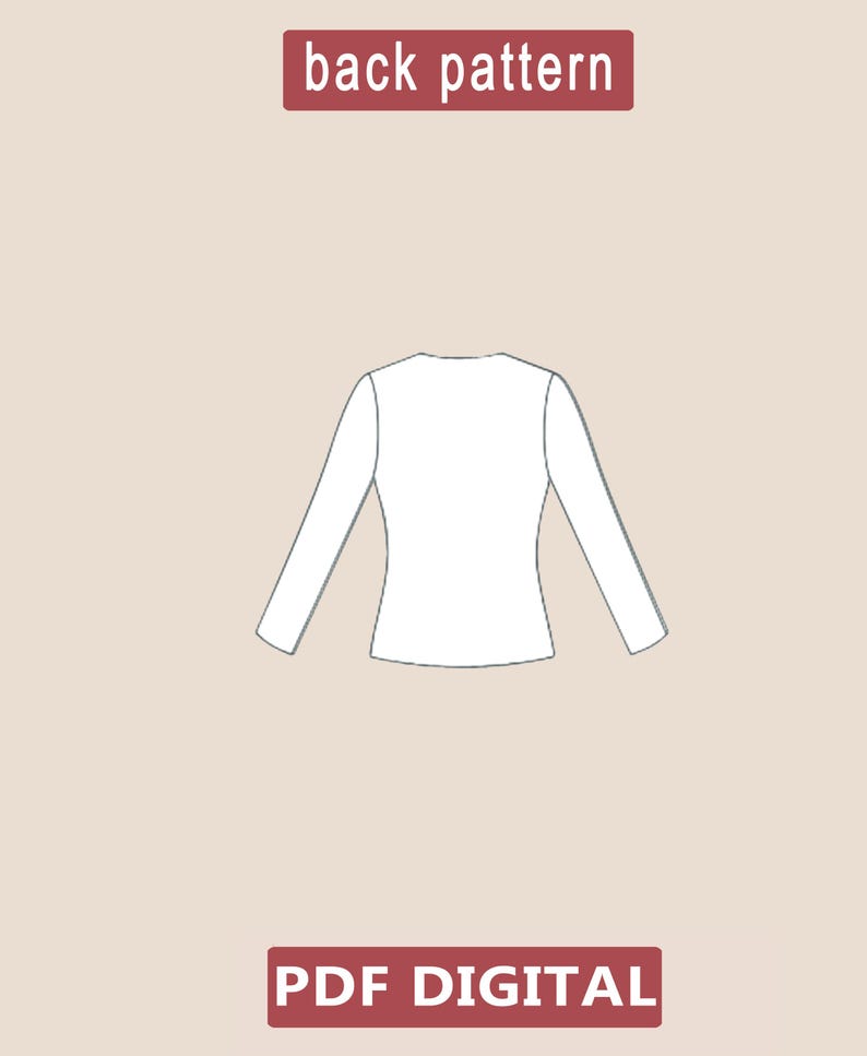May include: A white long-sleeved shirt back pattern illustration. The text "back pattern" is above the shirt, and "PDF DIGITAL" is below. The shirt is centered on a light brown background.