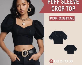 Patrón de costura crop top escote corazón manga abullonada, patrón crop top, patrón de costura fácil, patrones de costura para principiantes, patrón de costura PDF