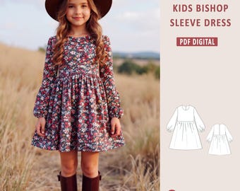 Girls Cottagecore Dress Sewing Pattern, Long Sleeve Girl Dress Pattern, Girl Kid's Gathered Dress Sewing Pattern, A4 A0 US, 2-16 Years