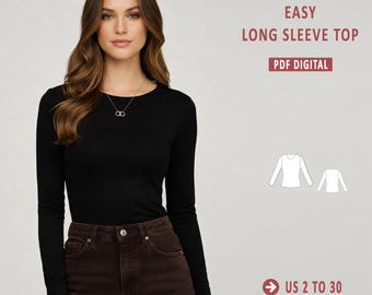 Long Sleeve T-Shirt Sewing Pattern | Women’s Fitted Stretch Knit Top | Basic T-Shirt | Simple Top | Easy PDF Pattern | XS–4XL