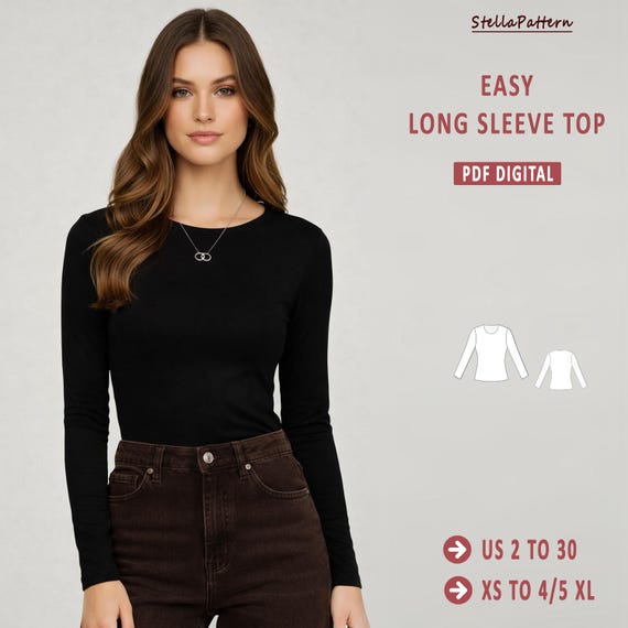Long Sleeve T-Shirt Sewing Pattern | Women’s Fitted Stretch Knit Top | Basic T-Shirt | Simple Top | Easy PDF Pattern | XS–4XL