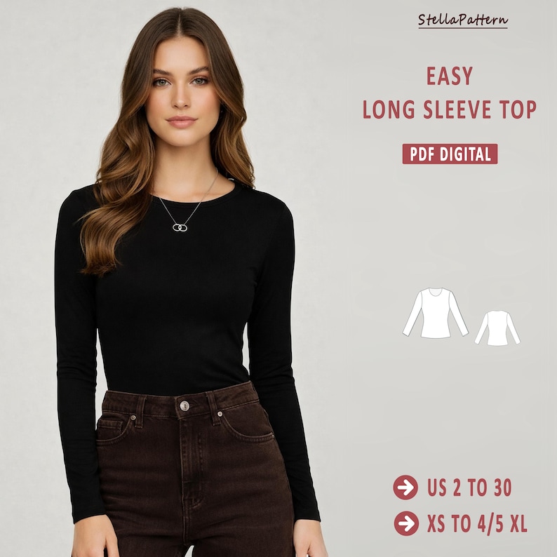 May include: A woman wearing a black long-sleeve top and brown pants. The image includes the text "EASY LONG SLEEVE TOP PDF DIGITAL" and size options "US 2 TO 30" and "XS TO 4/5 XL".