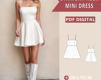 Straight Neck Mini Dress Sewing Pattern, Circle Skirt (PDF Pattern)
