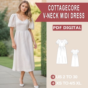 V-neck Midi Dress, Fairy Cottagecore Dress Pattern,Renaissance,Regency,Maxi Dress,Suitable for A0-A4-US Letter // Sizes; US 2 to 30