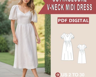 Midi Kleid mit V-Ausschnitt, Feen-Cottagecore Kleid Muster, Renaissance, Regency, Maxi Kleid, Passend für A0-A4-US Letter // Sizes; US 2 bis 30