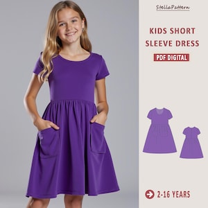 Patrón de costura de vestido de verano fruncido de manga corta, vestido de niña sin mangas con gorra acampanada, patrón de costura de vestido para niños en PDF, tamaño A0 A4, tamaño carta de EE. UU., 2 a 16 años