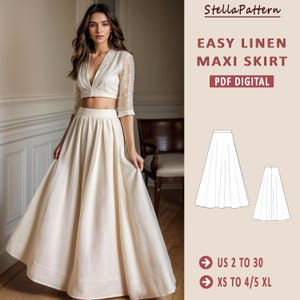 May include: A digital sewing pattern for a maxi skirt made of linen. The pattern includes instructions for sizes US 2 to 30 and XS to 4/5 XL. The pattern is shown on a white linen skirt.