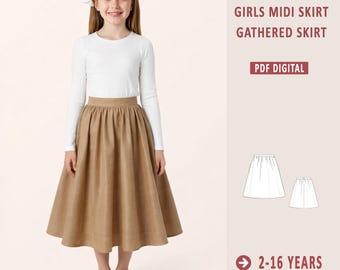 Gathered Midi Skirt For Girls Sewing Pattern, Girls Semi Elastic Waist Skirt, Kid's Skirt Pattern, Summer Skirt pattern, Size 2-16 Years Age