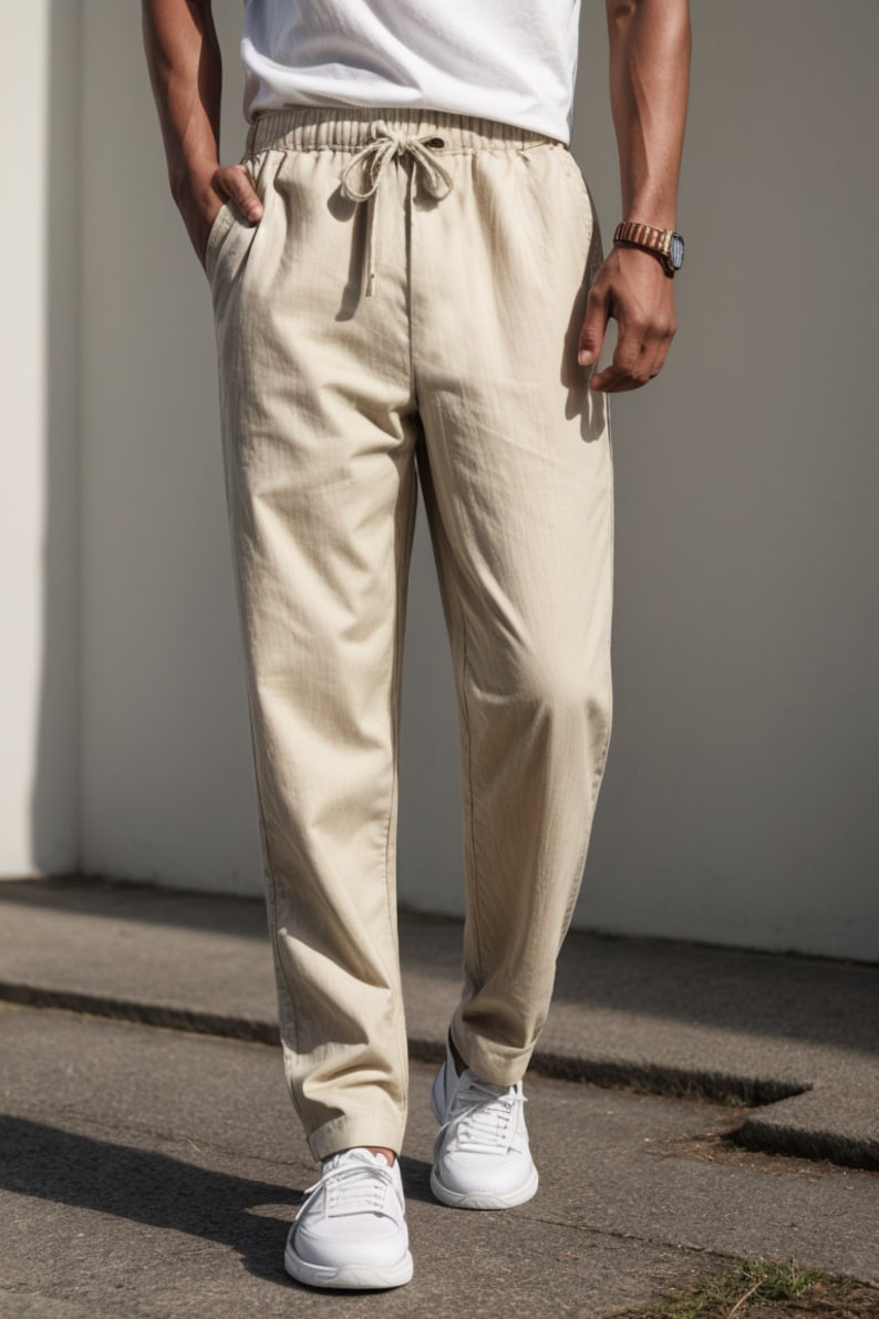 Peut inclure: Pantalon d&eacute;contract&eacute; beige avec une taille &agrave; cordon et un motif subtil en chevrons. Le pantalon est port&eacute; avec des baskets blanches.