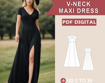 Schnittmuster für ein Kleid mit V-Ausschnitt, einfaches Nähen, PDF-Muster, US 2-30 Plus Size, Abschlussballkleid, PDF-Schnittmuster, sofortiger Download, Brautjungfernkleid A4