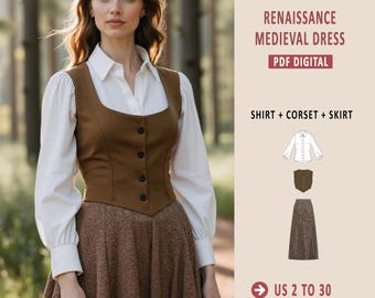 Medieval Renaissance Cosplay Dress Set Sewing Pattern, Renaissance Maxi Skirt,Shirt and Corset Set, Regency,Victorian Dress Set A0-A4 XS-4XL