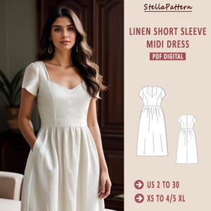 May include: A digital PDF sewing pattern for a linen midi dress with short sleeves. The pattern includes sizes US 2 to 30 and XS to 4/5 XL. The dress has a fitted bodice and a gathered skirt.