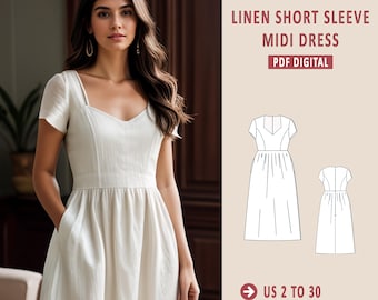May include: A digital PDF sewing pattern for a linen midi dress with short sleeves. The pattern includes sizes US 2 to 30 and XS to 4/5 XL. The dress has a fitted bodice and a gathered skirt.