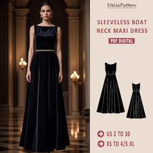 Patrón de costura para vestido largo de gala: estilo Regencia sin mangas (PDF digital)