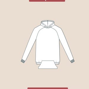 May include: A white hoodie sewing pattern with a hood, long sleeves, and a kangaroo pocket. The pattern is labeled "front pattern" and "PDF DIGITAL".