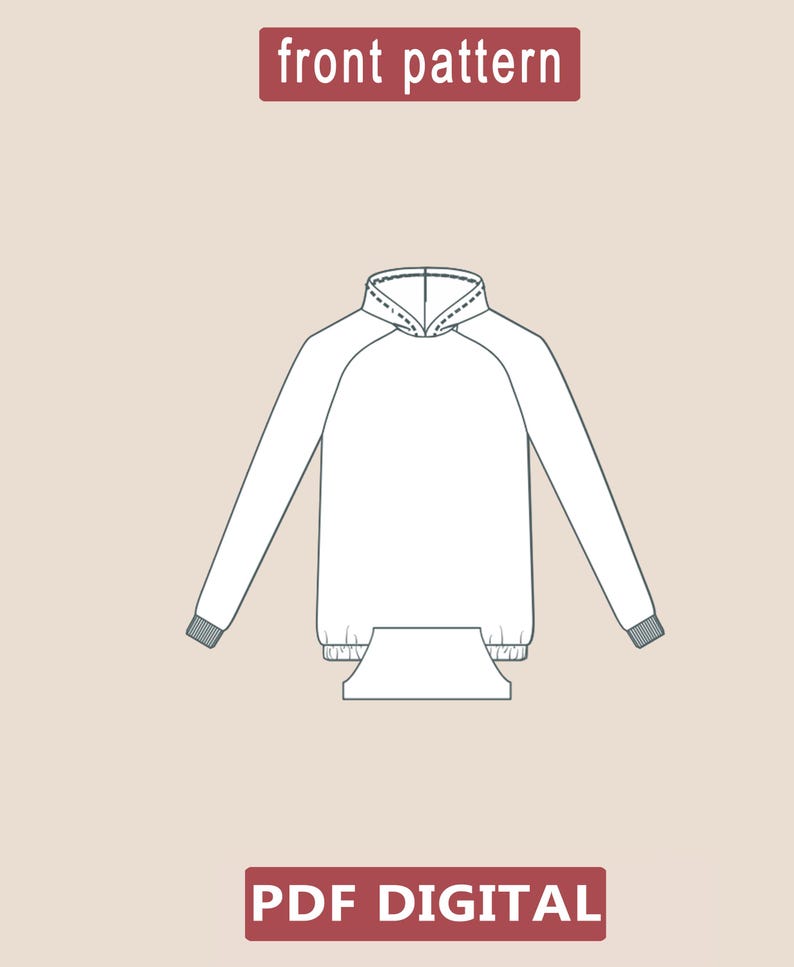 May include: A white hoodie sewing pattern with a hood, long sleeves, and a kangaroo pocket. The pattern is labeled "front pattern" and "PDF DIGITAL".