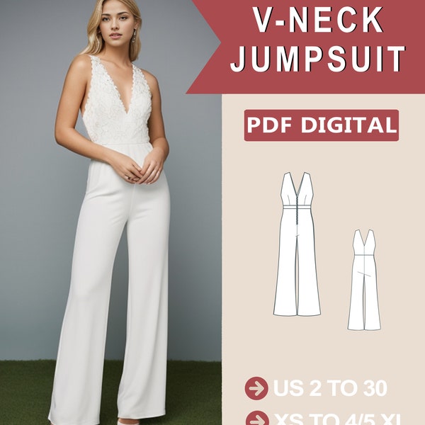 Wide Leg Full Jumpsuit Sewing Pattern, PDF Sewing Pattern Instant Download, Easy Digital Pdf, US Sizes 2-30, Plus Size Pattern