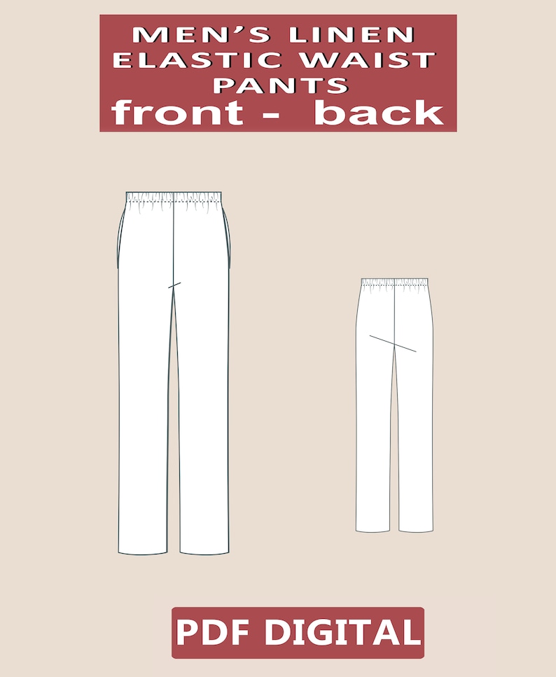 Peut inclure: Un patron de couture num&eacute;rique pour un pantalon en lin pour homme avec une taille &eacute;lastique. Le patron comprend des vues avant et arri&egrave;re du pantalon.