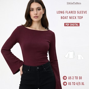 May include: A long-sleeved, burgundy boat neck top with flared sleeves. The image includes the text "LONG FLARED SLEEVE BOAT NECK TOP" and "PDF DIGITAL". The size range is US 2 to 30 and XS to 4/5 XL.