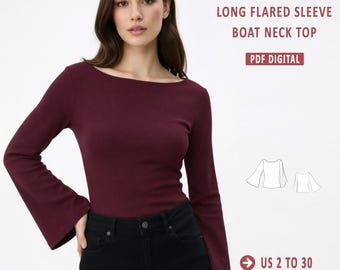 Flare Sleeve Top Sewing Pattern |  Boat Neck Tshirt | Bell Sleeve Top for Women | Basic T-Shirt for Women | Easy T-shirt Pattern|PDF Pattern