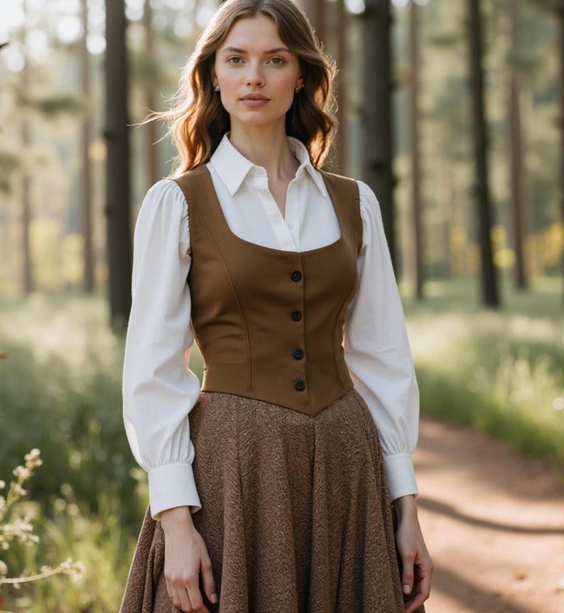 May include: A brown fitted vest with a white button-up shirt underneath and a brown skirt. The person is standing in a forest setting.