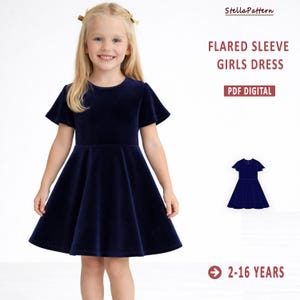 May include: A navy blue flared sleeve dress for girls. The dress has a round neckline and a flared skirt. The text on the image says "FLARED SLEEVE GIRLS DRESS" and "PDF DIGITAL". The dress is available for ages 2-16 years.