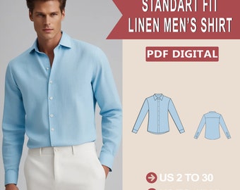 Patrón de costura de camisa de lino Standart Fit, patrón de camisa para hombres, patrón de camisa con botones, patrón de costura para hombres, talla de hombre 36 a 56, S a 4 XL