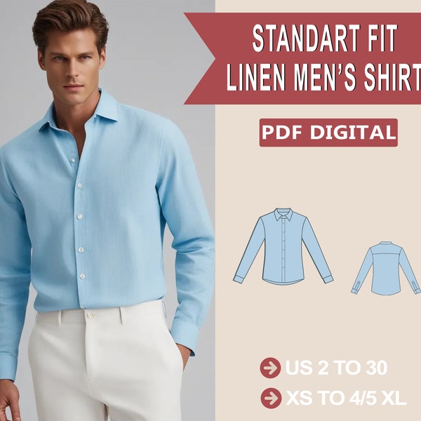Standart Fit Linen Shirt Sewing Pattern, Shirt Pattern for Men, Button Up Shirt Pattern, Mens Sewing Pattern, Men Size 36 to 56, S to 4 XL