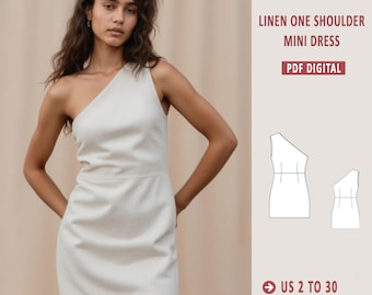 Linen One Shoulder Mini Dress Pattern: Easy Sewing (XS-5XL) (Digital Download)