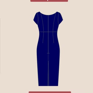 Peut inclure: Patron dos pour une robe bleu marine &agrave; manches courtes et une couture au dos. Le texte "PDF DIGITAL" est en bas de l'image.