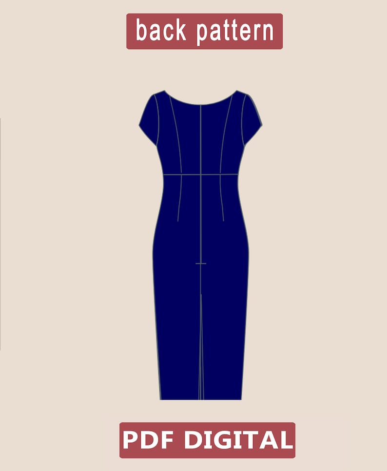 Peut inclure: Patron dos pour une robe bleu marine &agrave; manches courtes et une couture au dos. Le texte "PDF DIGITAL" est en bas de l'image.