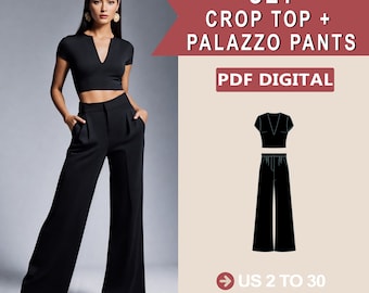 Ensemble pantalon palazzo et top court, top manches longues avec fermeture éclair au dos, pantalon large avec poches, TP-5XL, lot de patrons PDF